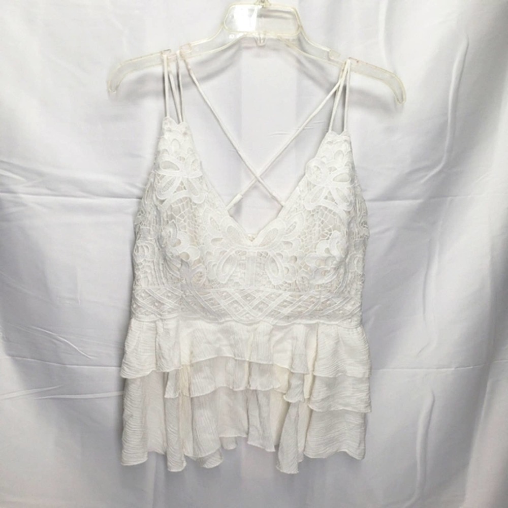 Chelsea & violet woven lace peplum spaghetti strap ruffle top white L